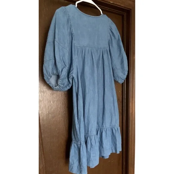 Old Navy Blue Denim Shift Dress M Puff Sleeve V-Neck Knee Length Tie Ruffle - Picture 5 of 7